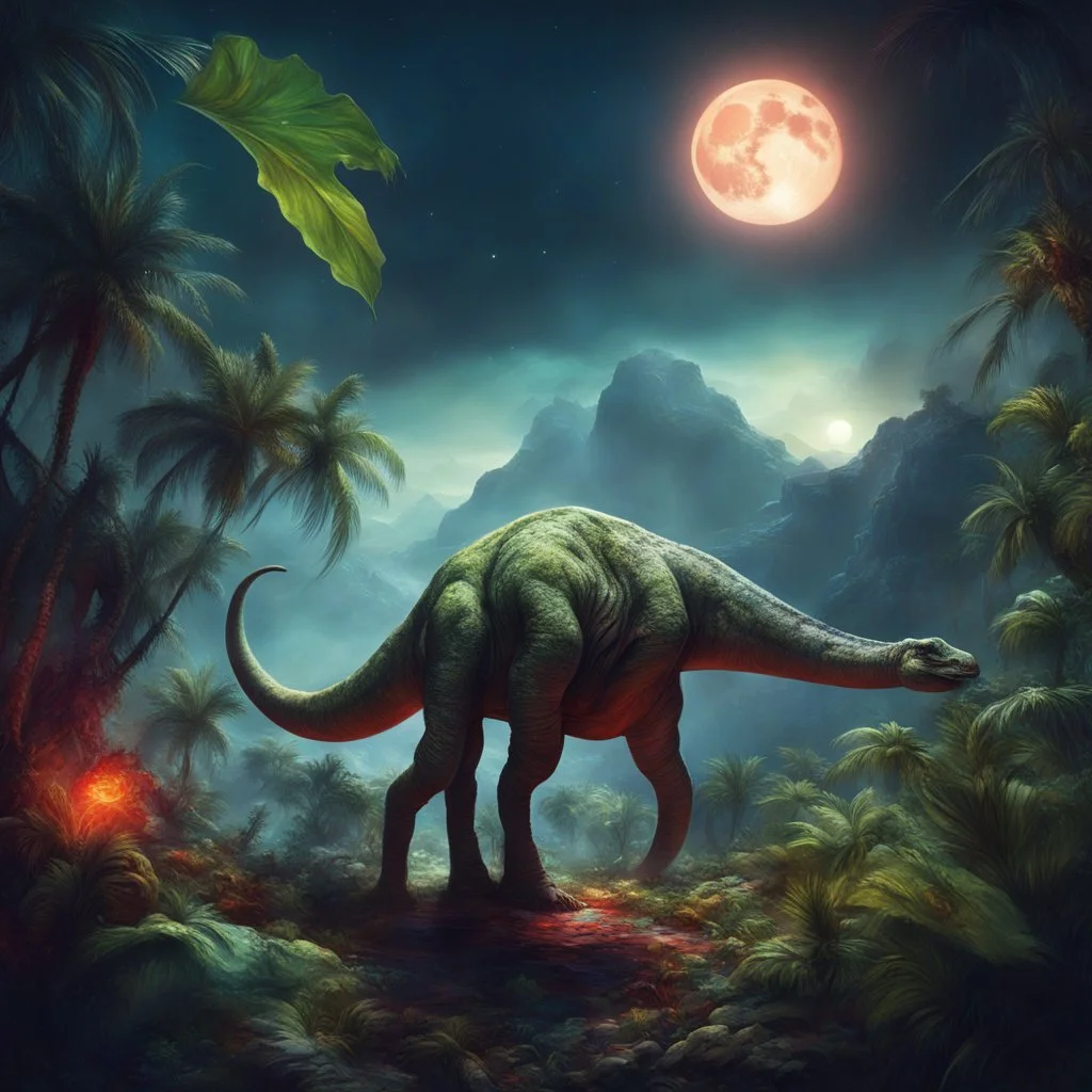 Brontosaurus eating leaves under a full moon in a prehistoric jungle where in distance a comet strikes a mountaintop in an explosion, glare effect, sharp photograph by Raymond Swanland :: Anna Dittmann :: Anne Stokes :: photorealistic :: hyperdetailed :: vibrant deep colors, dramatic, cinematic masterpiece, complex contrast, dynamic composition