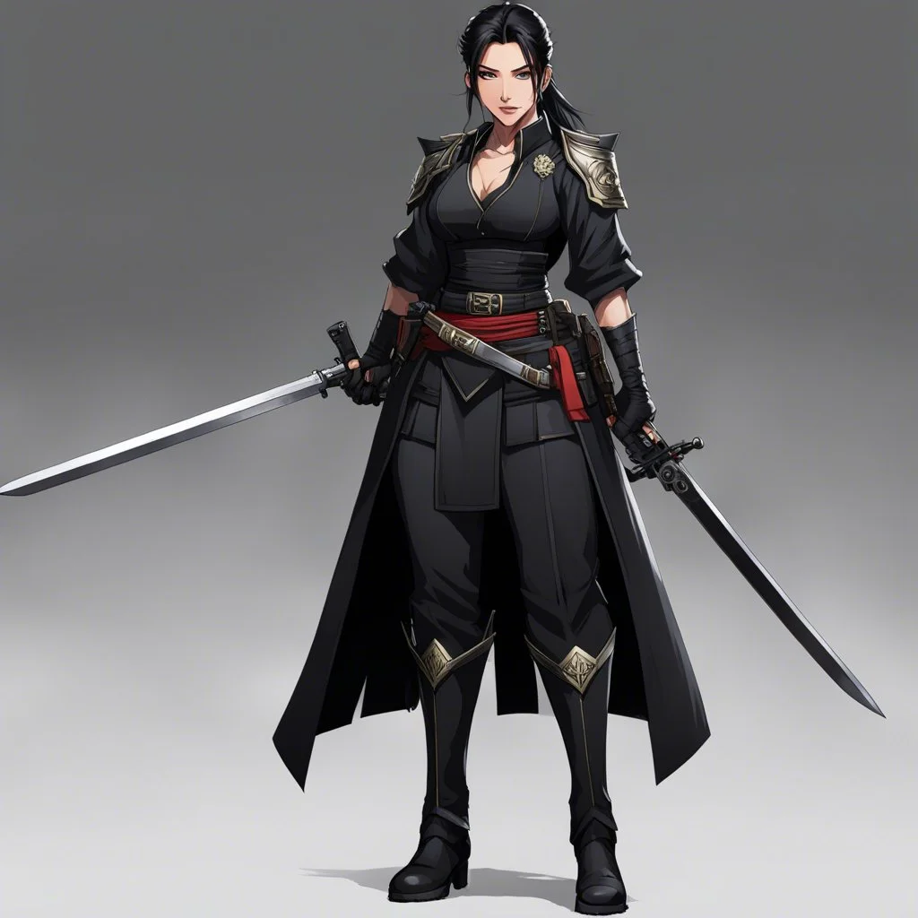 She embodies dual authority, her black attire bearing a distinct insignia that marks her affiliation with a powerful order. Skillfully dual-wielding firearms of different calibers, and with a katana at her waist, she is a versatile and highly trained enforcer. The high slit in her skirt allows for unrestricted movement, a blend of traditional form and practical deadliness.