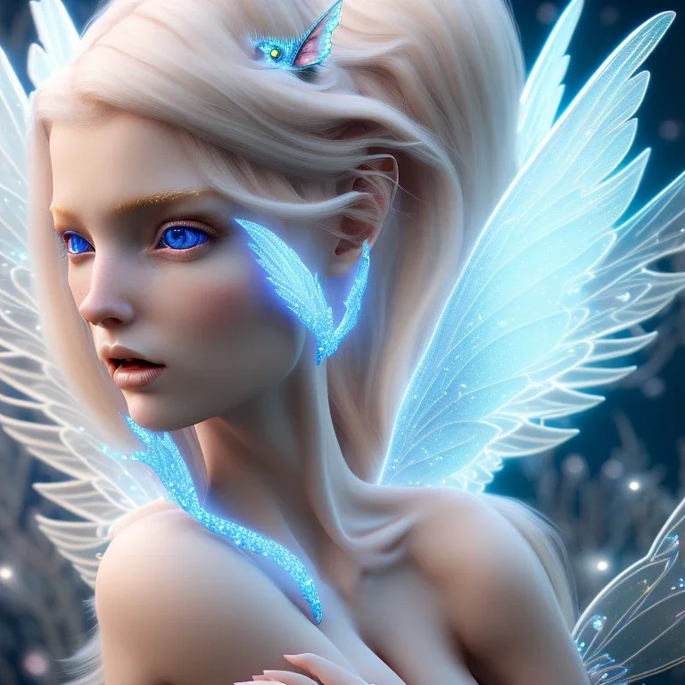 beautiful blonde fairy, blue eyes, in a magical ambiance, transparent wings, delicate colors, finely tuned detail, ultra high definition, 8 k, unreal engine 5, ultra sharp focus