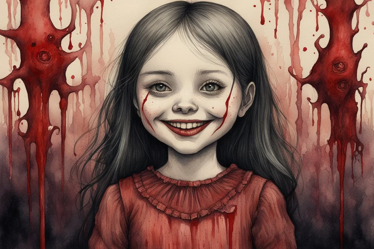 body anormal, smile blood, girl cute, watercolor illustration by <John Kenn Mortensen>, darkred tones,