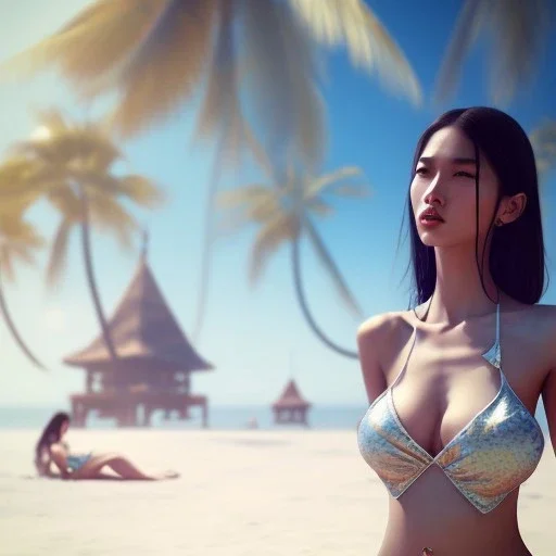 Asian women on the beach hot day atmospheric, realistic, unreal engine, lighting, octane render, prefect face