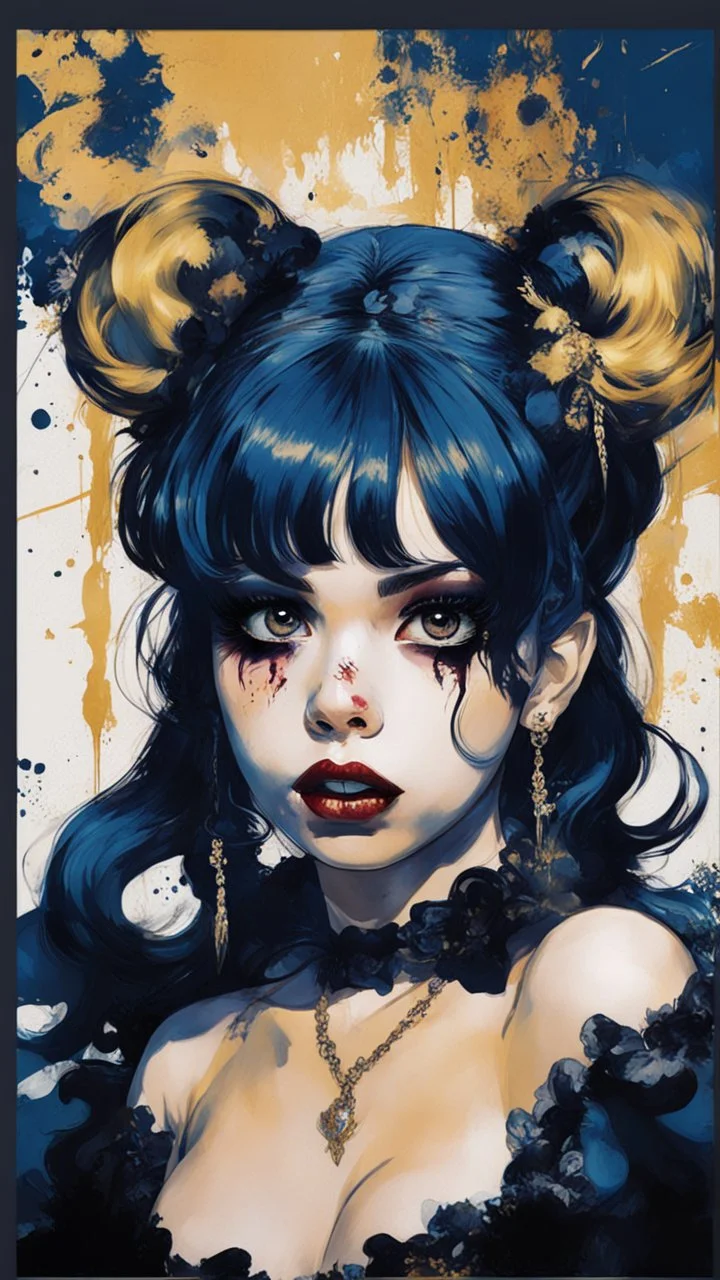 Poster in two gradually, a one side malevolent goth vampire girl face and other side the Singer Melanie Martinez face, painting by Yoji Shinkawa, darkblue and gold tones,