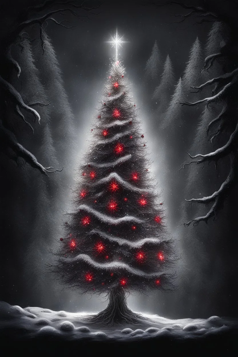 a beautiful illuminated silver and white light Christmas tree stands in a dark room, dark shadows behind it, and small evil red eyes shining behind it in the dark, scary atmosphere, little glimmering light, snow falling on the window, dark, deep colors, small details, surreal, thriller cinematic, masterpiece, intricate details