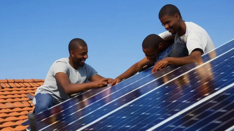 solar panel installation by 2 - 3 black guys on the roof of a house, panoramic view