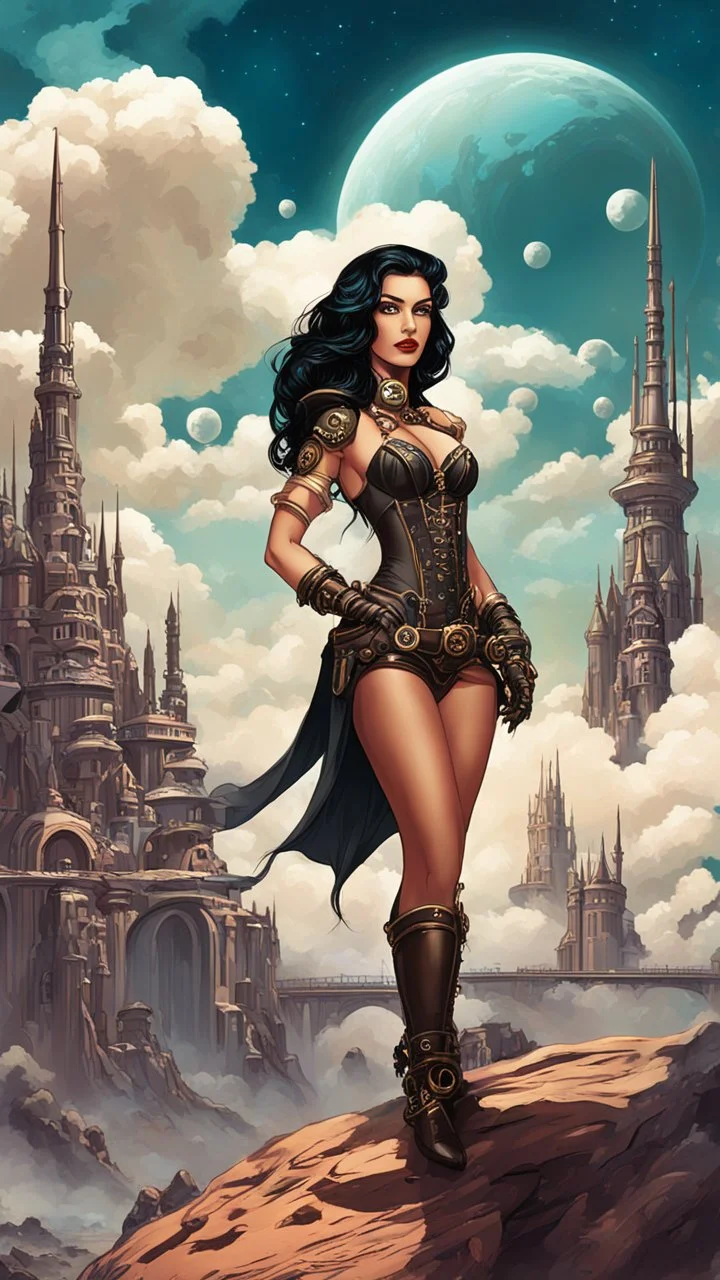 exotic sci-fi steampunk pin-up girl, with long dark hair, on an alien planet with cloud trees, tall spires, buildings, bridges, arches