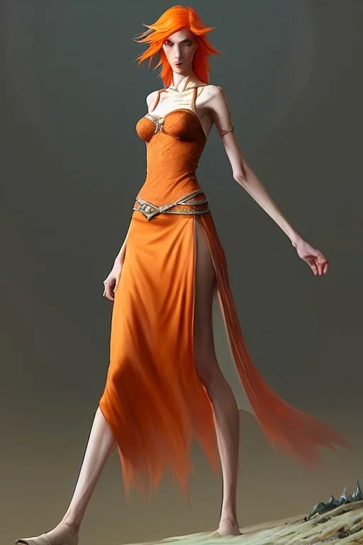 painting of a tall elven young woman with short light orange hair and freckles on the cheak bones and tall body of a topmodel light clothes, long shot, ultra realistic, concept art, intricate details, eerie, highly detailed, photorealistic, octane render, 8 k, unreal engine. art by artgerm and greg rutkowski and charlie bowater and magali villeneuve and alphonse mucha