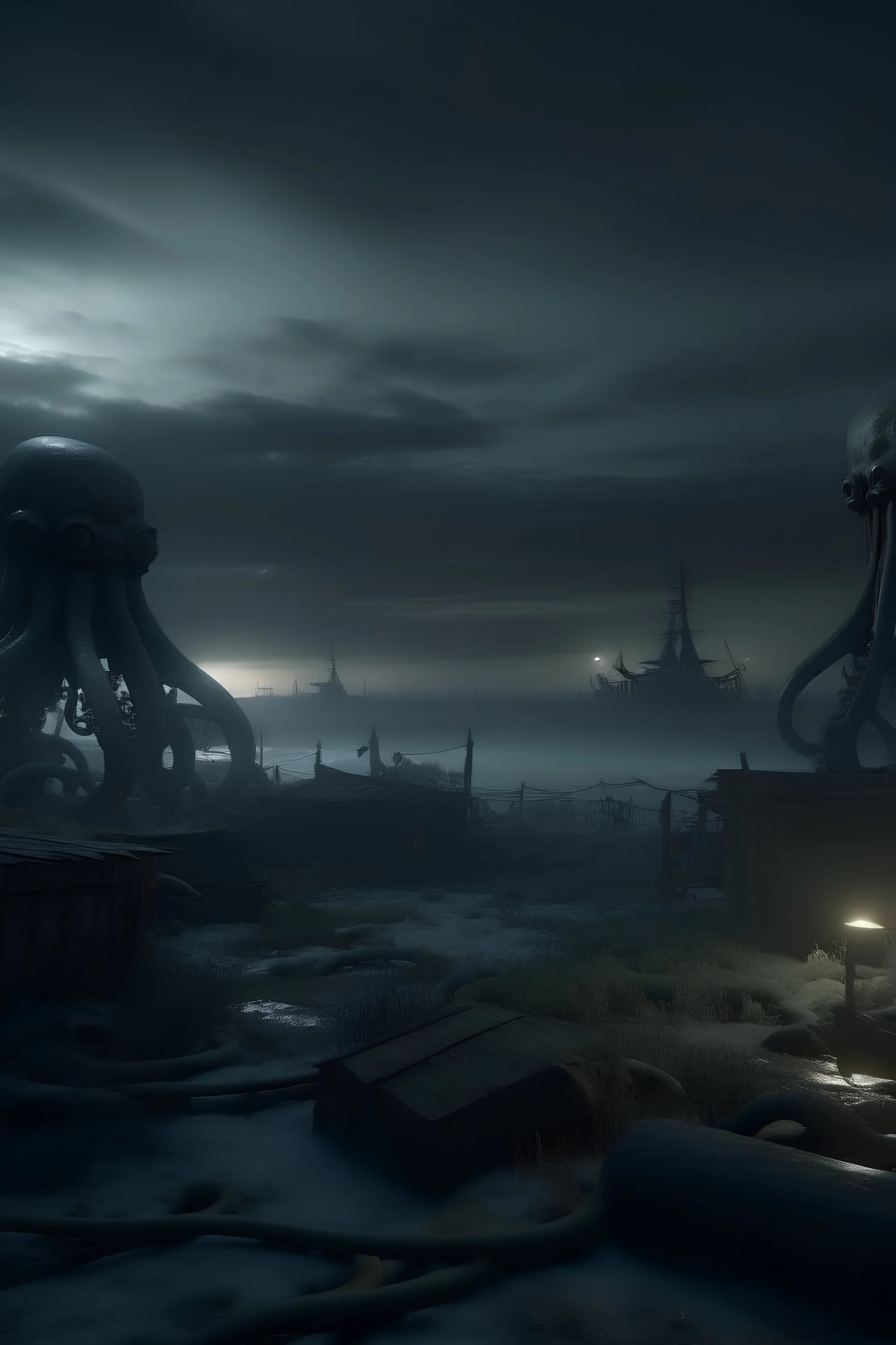 Frozen and dark wood, scary, heavy Industry in the distance, Cthulu tentacles in the sky, uhd, ambient lighting