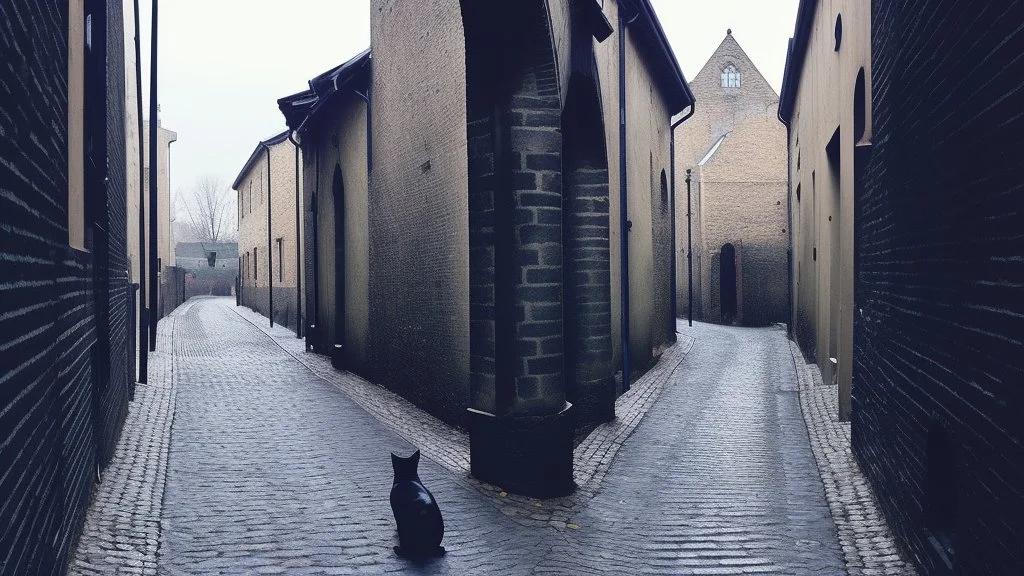 A cobbled alleyway, framed by stone arches, was almost empty save for a cat that slowly crossed, indifferent to the rain. In one corner, a woman in a blue coat waited under a black umbrella, her boots sinking slightly in the accumulated water.