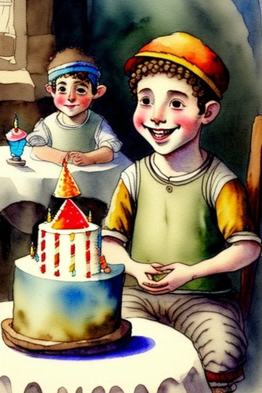 A cute smiling boy wearing a kippah. Boy and lion are sitting at a table with a birthday cake. Watercolour