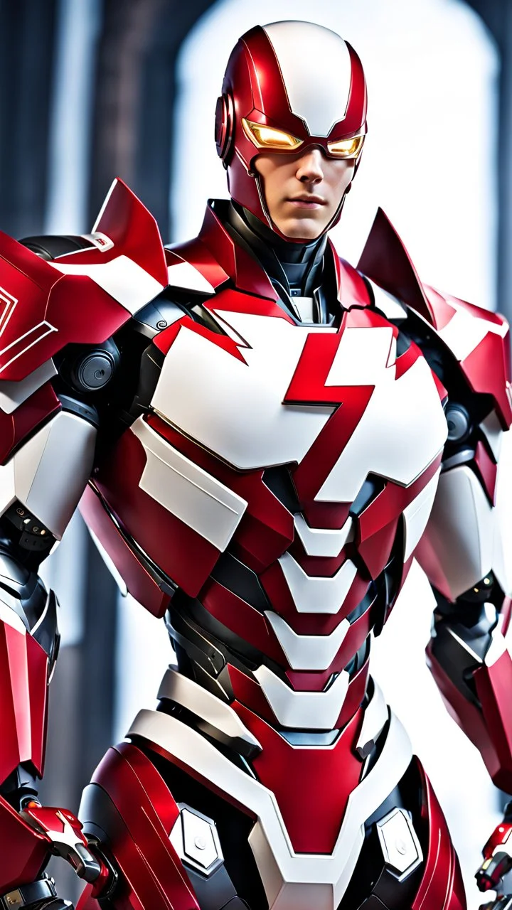 The flash robot with red and white color schemes, in the style of fairy academia, hard-edge style, agfa vista, dynamic pose, oshare kei, hurufiyya, rtx, close picture, intricate details, highly detailed, high details, detailed portrait, masterpiece,ultra detailed, ultra quality