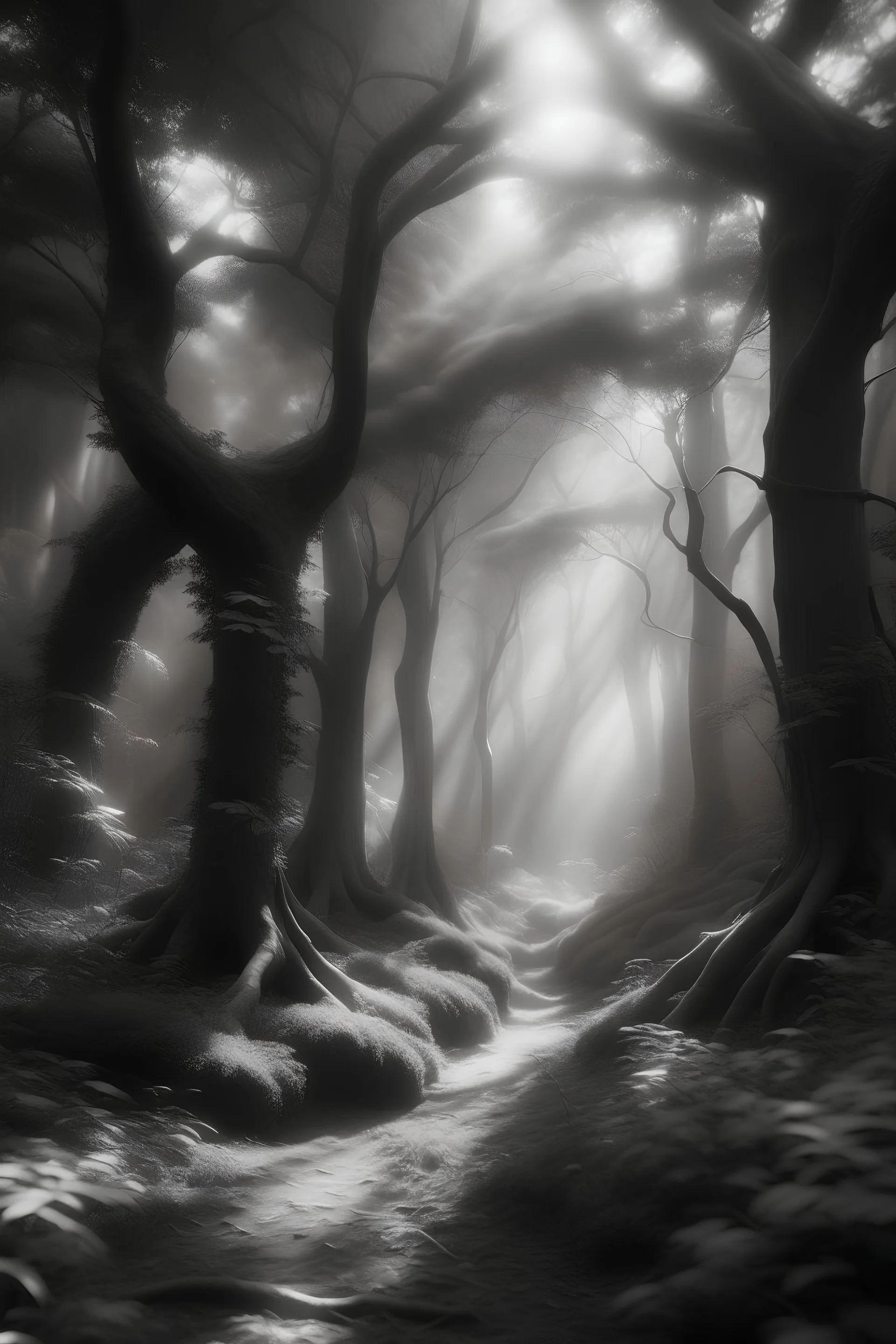 Generate an image radiating timeless elegance, portraying a tranquil forest scene where intricately detailed trees are entwined with graceful vines. Employ subtle grayscale tones to accentuate the interplay of light and shadow, enhancing sophistication. Capture the untouched wilderness, inviting viewers to immerse themselves in the serene beauty of nature's elegance