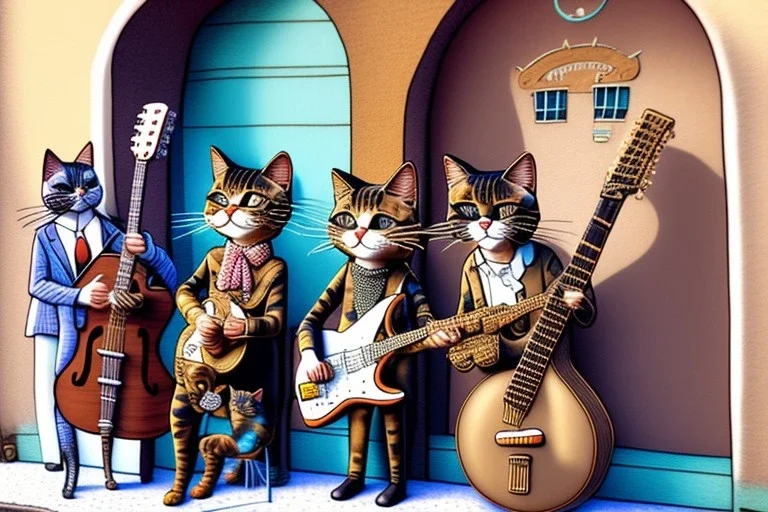 Group of three mature cats musicians, one cat playing guitar, one cat playing drums, one cat holding microphone and singing, street, Vienna, smiling, sunny day, model style, hyper realistic, extremely accurate, delicate, extremely detailed, Graphic novel style, wide-angle, open aperture, superfine pencil