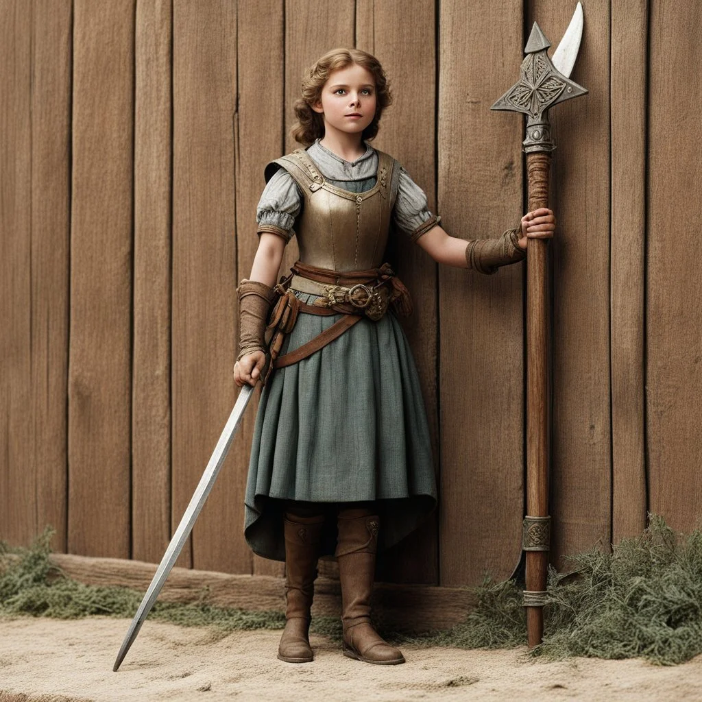 [high res photography by Ray Harryhausen] Joan:A farmer girl from Domremy, a village in medieval France, touched by a divine calling at a tender age. She presents all sorts of pole arms on a wooden wall: Spear Halberd Guisarme Partisan Bardiche Bec de Corbin Ranseur Voulge Bohemian earspoon Fauchard Lochaber