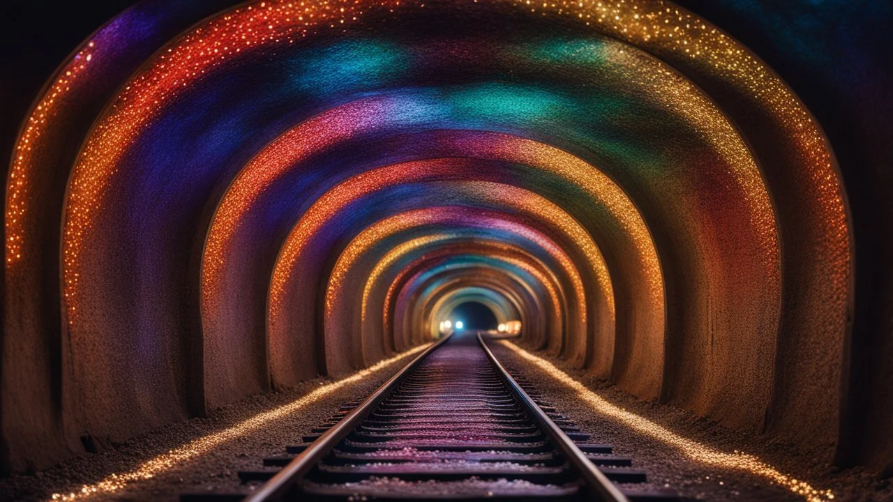 dream world, vast enormous warm underground railway tunnel, tiny multicoloured gemstones, twinkling lights, calm beauty, fantasy world, magic, night, darkness, splendor, uplifting, inspiring, therapeutic, chiaroscuro, color, award-winning colour photograph, beautiful composition, Nikon 85mm