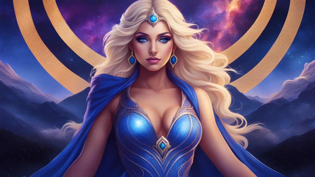 Full body portrait of a peaceful ((smiling)) gorgeous blonde Goddess of the galaxies with a blue indigo purple skin, high skul, luminous eyes in a galactic sunset