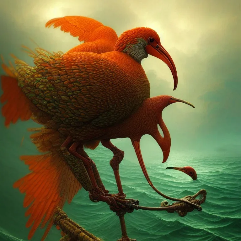 an ibis, in orange and green battle armor, a highly detailed illustration, background of crashing ocean waves, realistic render, 8 k, micro detail, intricate, elegant, centered, digital painting, Artstation, smooth, sharp focus, illustration, artgerm, tomasz alen kopera, peter mohrbacher, donato giancola, joseph christian leyendecker, wlop, boris vallejo