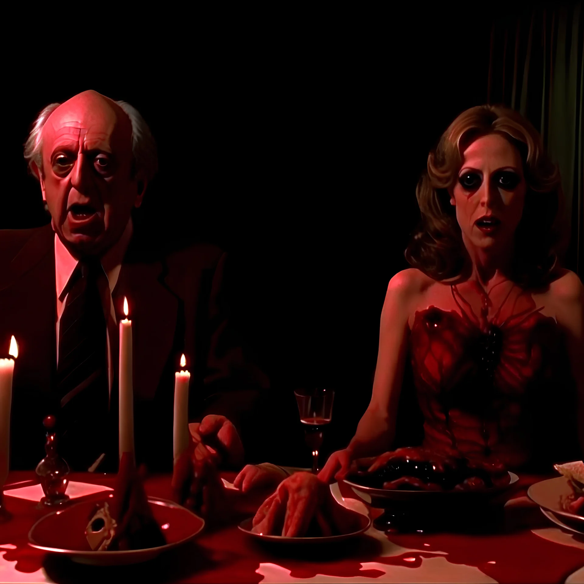 Movie shot, spooky, ultra realistic distress, dining, ultra realistic hot woman, pieces of meat, creepy, organic ail dynamic, anguish, excited woman, hypermaximalist figures, Creepy, Alfred Hitchcock, Sam Raimi, sinister, John Carpenter, Dario Argento, ornate