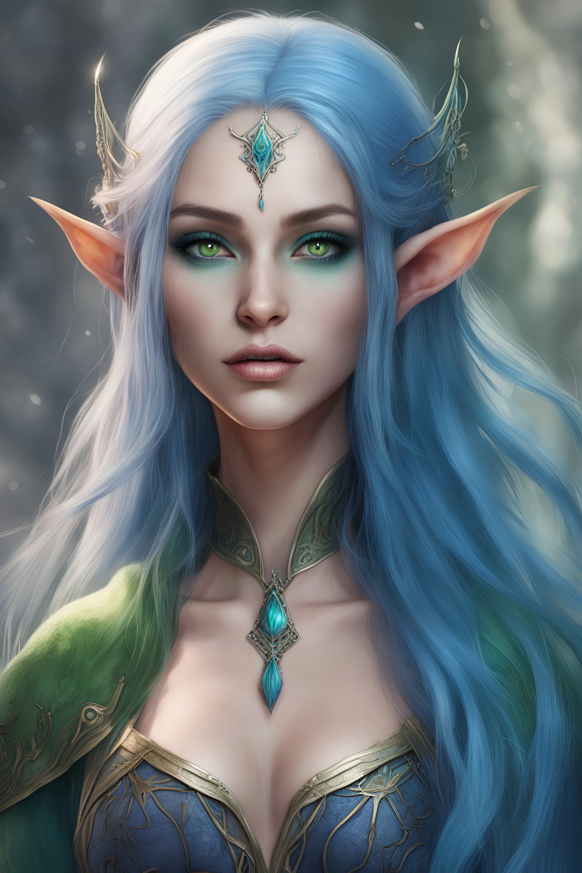 female elf sorceress with long blue hair and green eyes