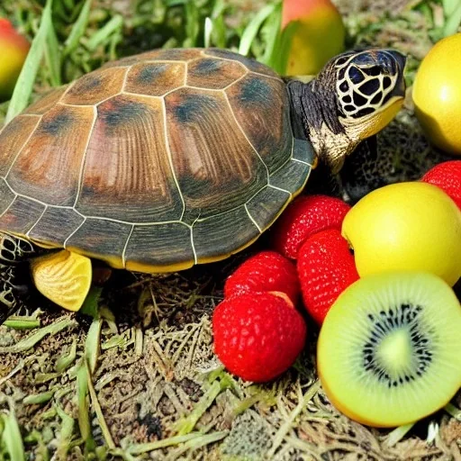 turtle and a bunch of fruit