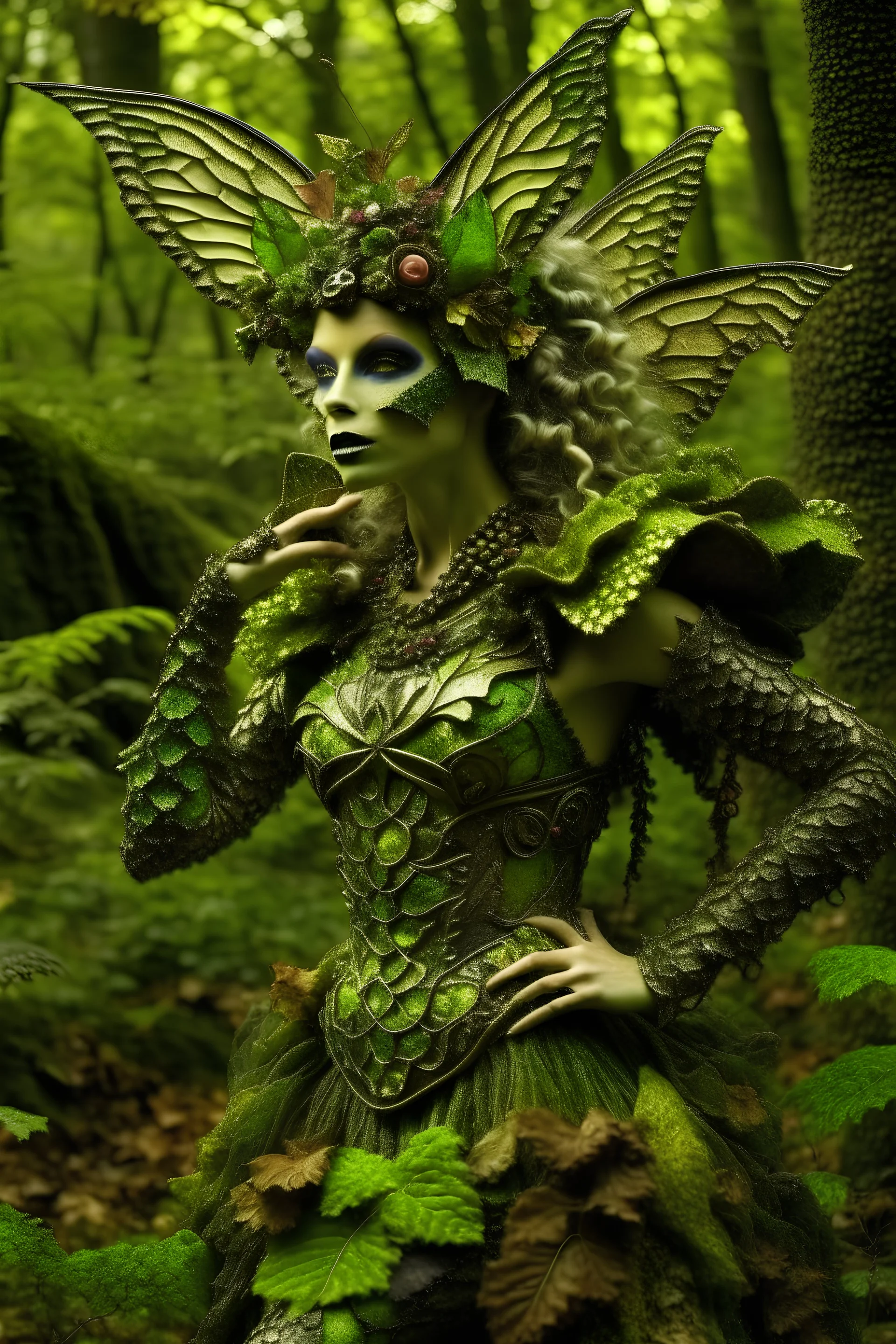 Forest fairy with textured leaves and floral armour in the woods and wind