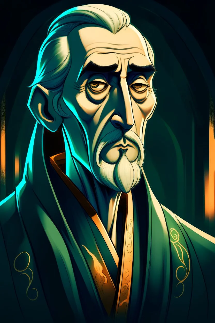 A portrait of Christopher Lee in his forties, dressed as an elven mage in expensive robes, in the style of Genndy Tartakovsky