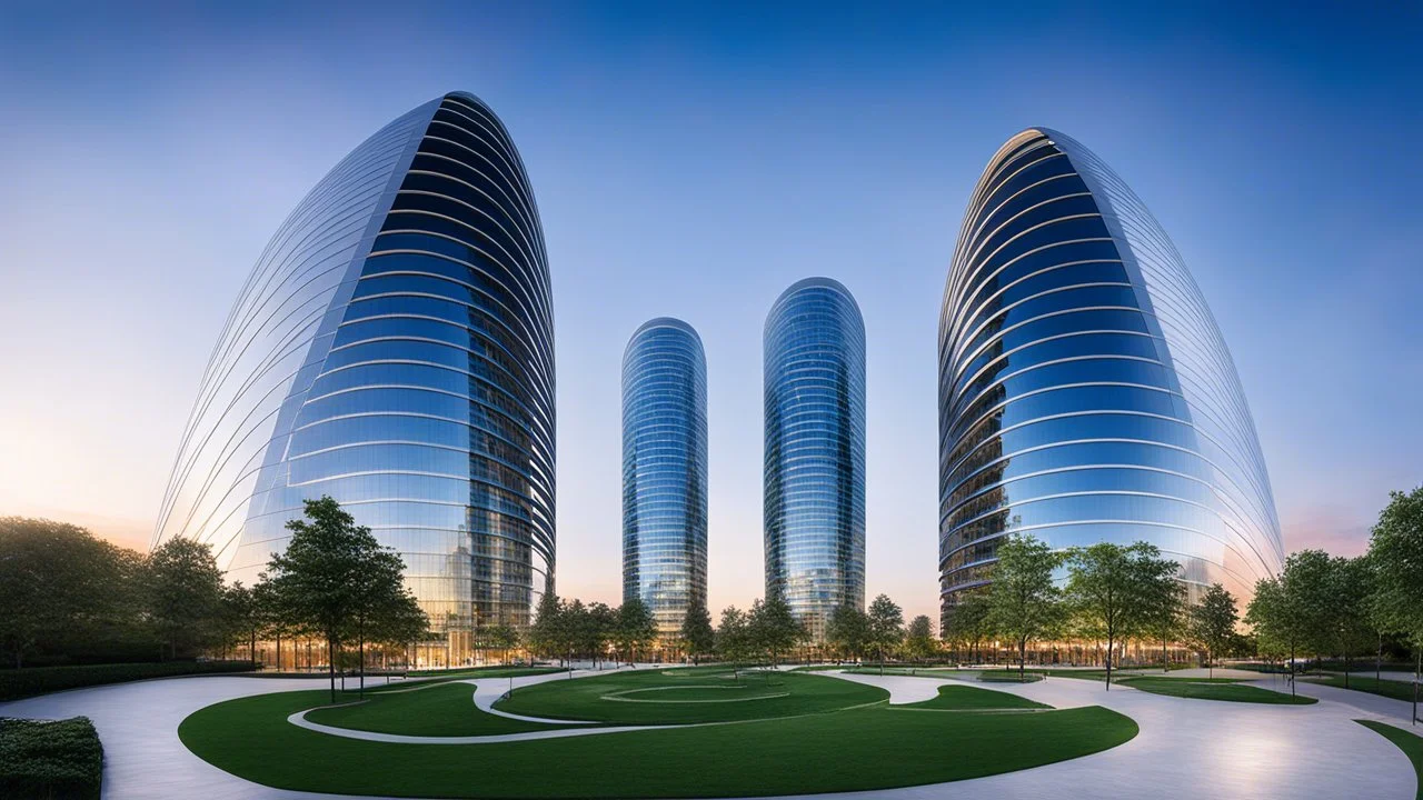 A pair of elliptical twin towers that intersect at various points along their height, creating a complex and beautiful pattern of interlocking curves. The towers are clad in reflective panels that highlight the gentle ellipses of the design. Walkways connecting the towers follow the arc, creating stunning vistas between the two structures. Award-winning photograph.