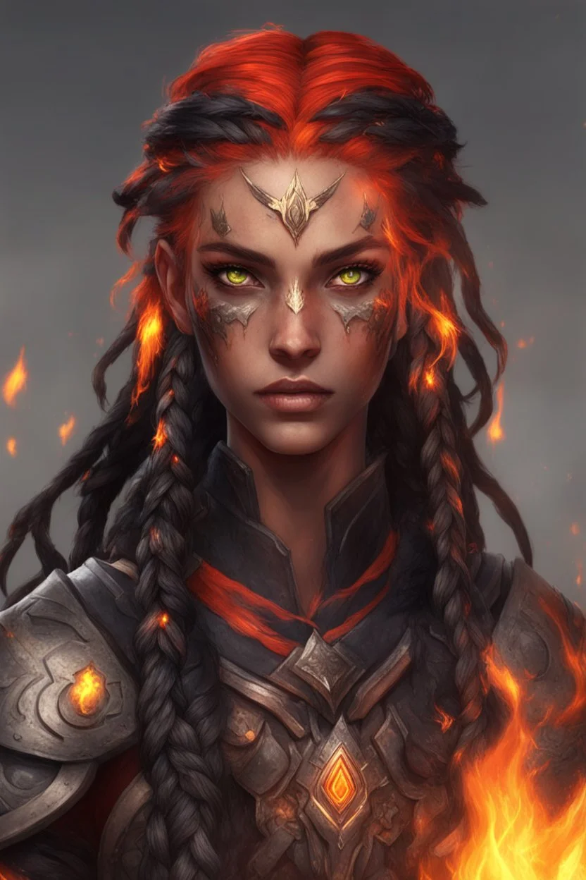 Paladin druid female made from fire . Hair is long and bright black some braids and it is on fire. Eyes are noticeably big and red and looks like fire. Make fire with hands . Has a big scar over whole face. Skin color is dark