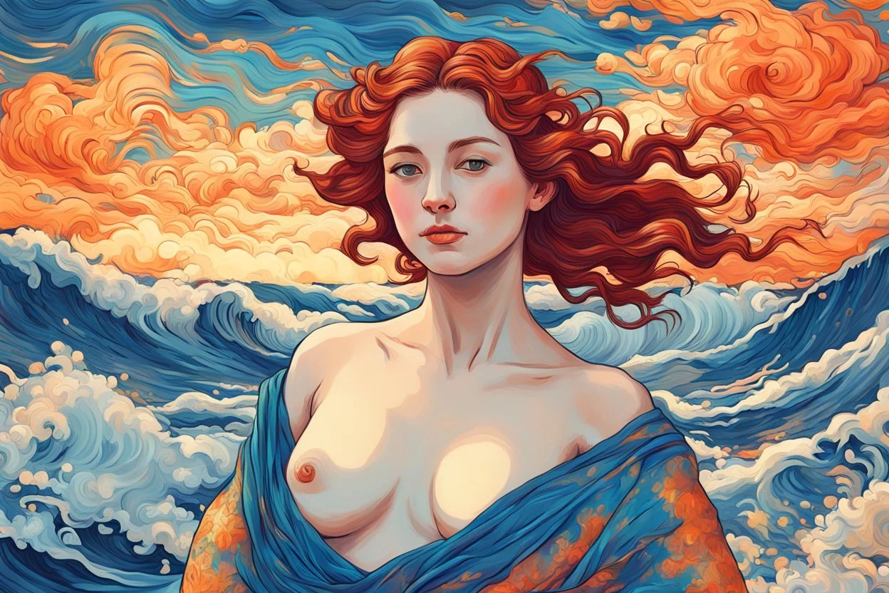 colourful digital painting of beautiful aphrodite, in the style of hokusai and van gogh