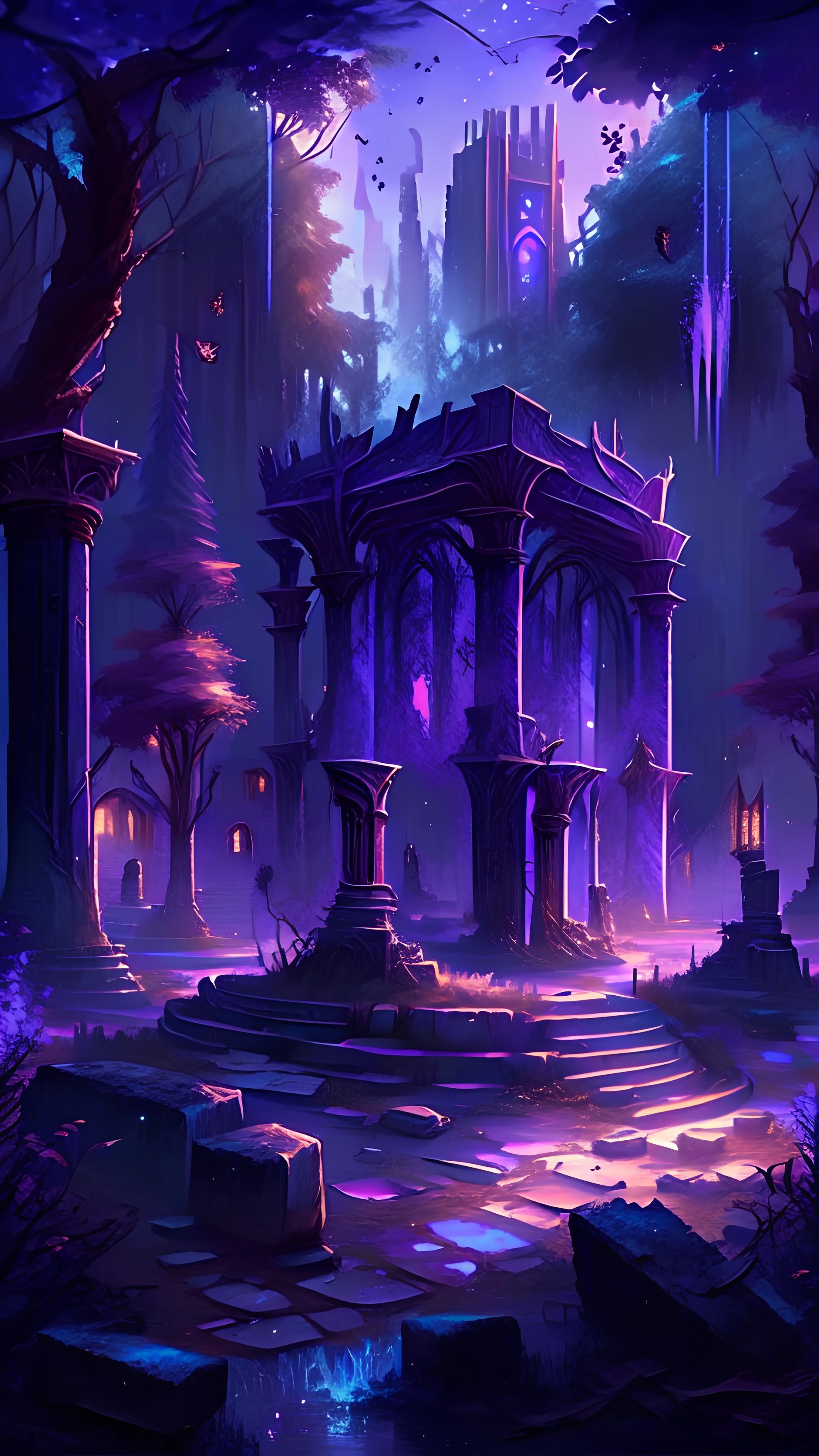 An ancient abandoned city center square in a forest that has grown over the city over the centuries with fireflies in high fantasy style that gives off a cozy vibe, blueish and reddish/purple hue