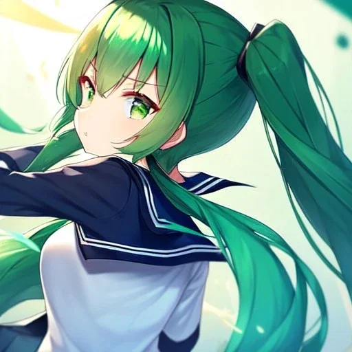 girl, masterpiece, best quality, volumetric lighting, detailed outfit, perfect eyes, long hair, green hair, green eyes, twin ponytail, school outfit, angry, looking back,