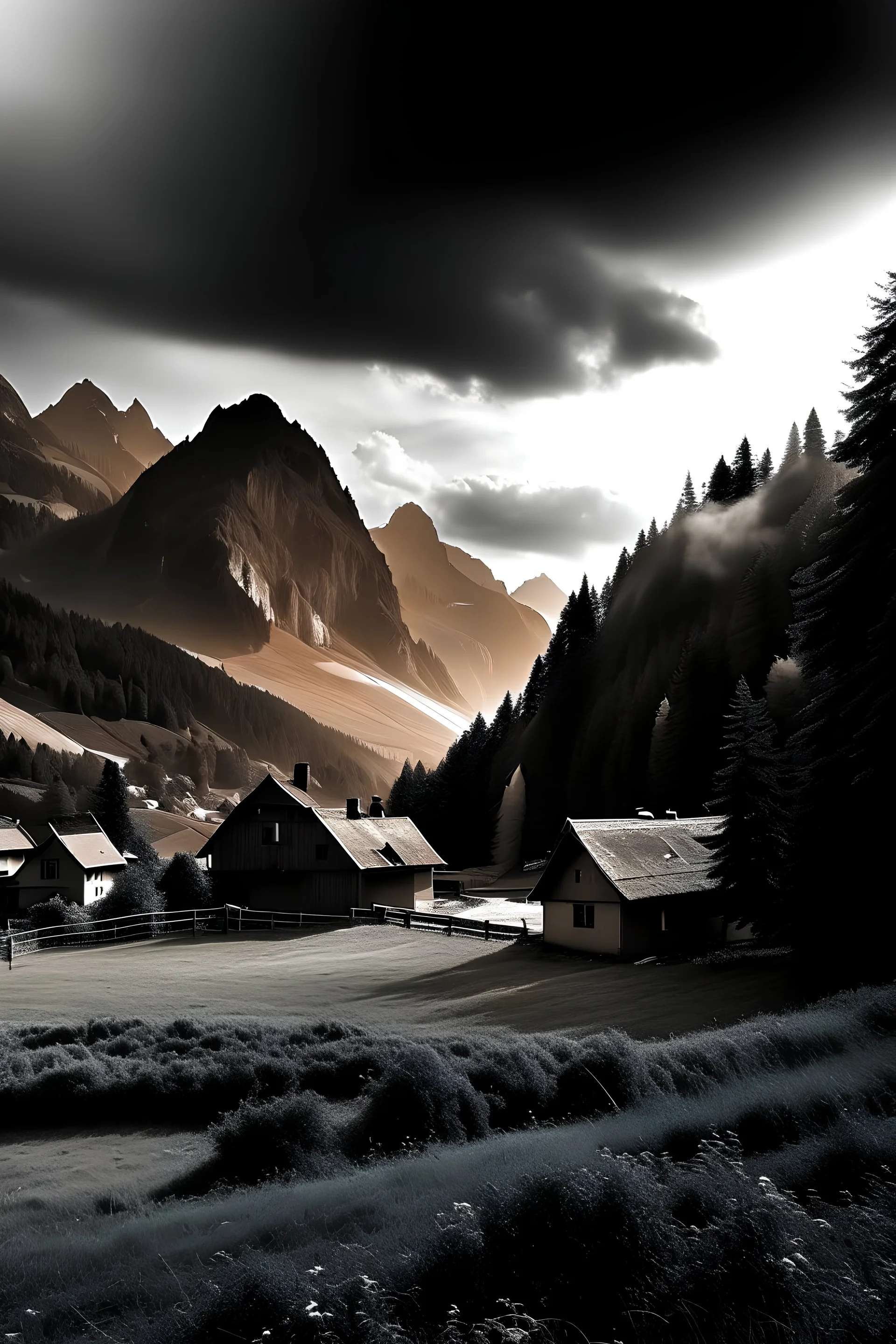 greyscale picture, switzeland landscape