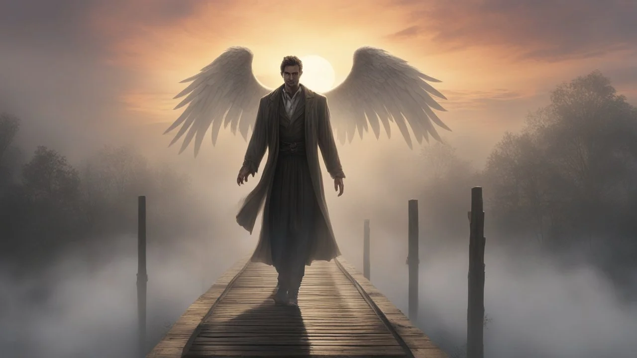 constantine, walking straight ahead over a wooden bridge, holding the angel of death with your right hand, entering the fog at the end of the road that leads to the afterlife, and a beautiful sunset and galaxy's behind the fog, realistic