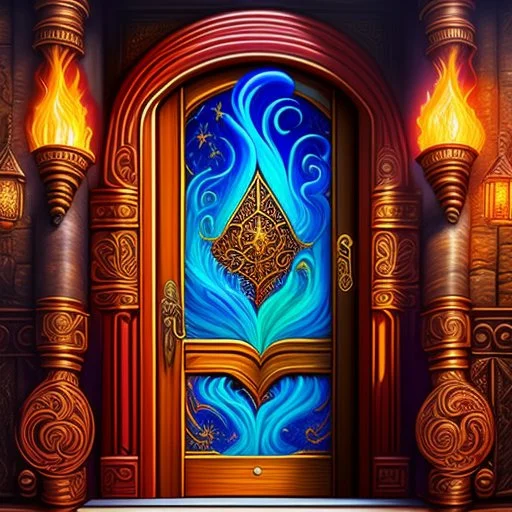 Half opened massive wooden door with lots of engraved magical symbols. Colorfull magical smoke coming out of the door opening. Harry Potter. Magical. Epic. Dramatic, highly detailed, digital painting, masterpiece