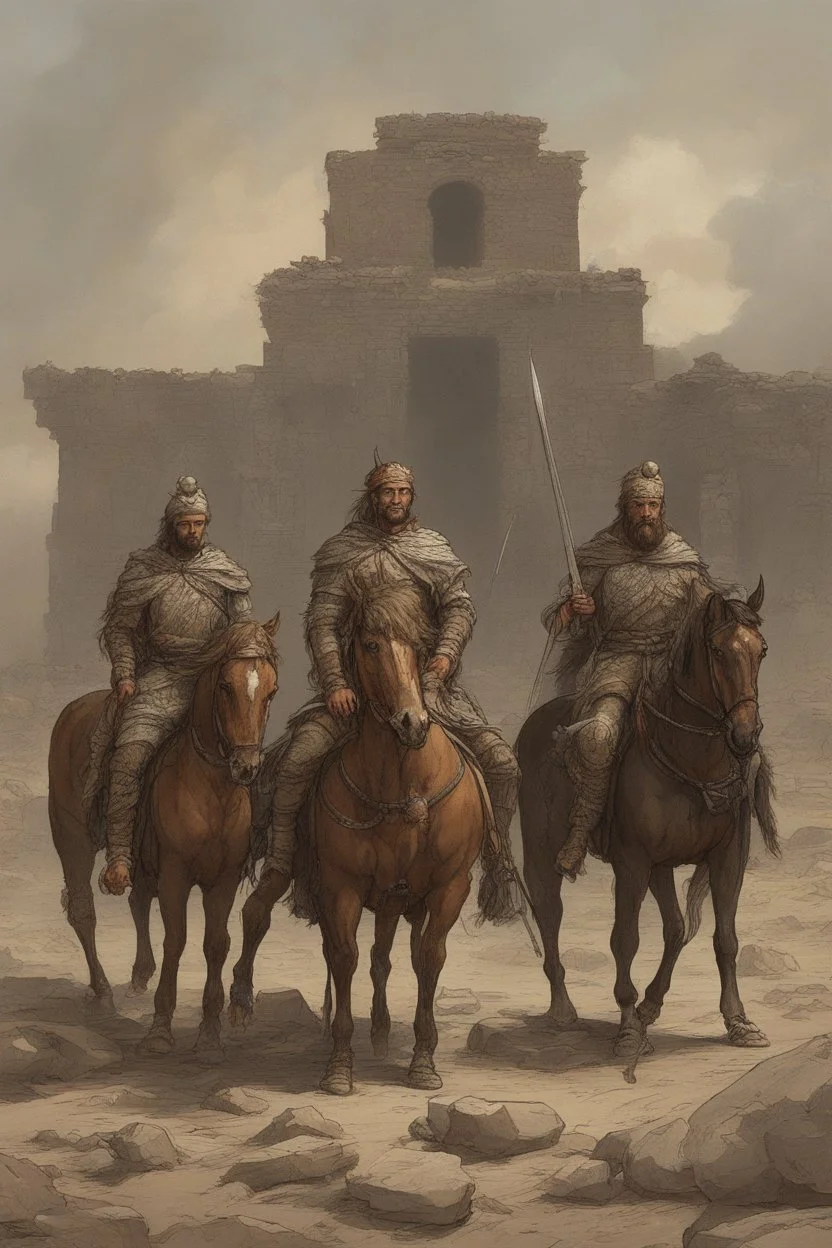 Three wild barbarians, on horseback, stand against the background of a destroyed pagan temple. 1st-8th century AD. Stern men with long moustaches, with swords and bows in animal skins, with bare chests and without armor and without helmets. in summer. Shields and spears are in their hands. Ancient cities are burning behind. Everything is in high-quality rendering. A lot of air. 8K