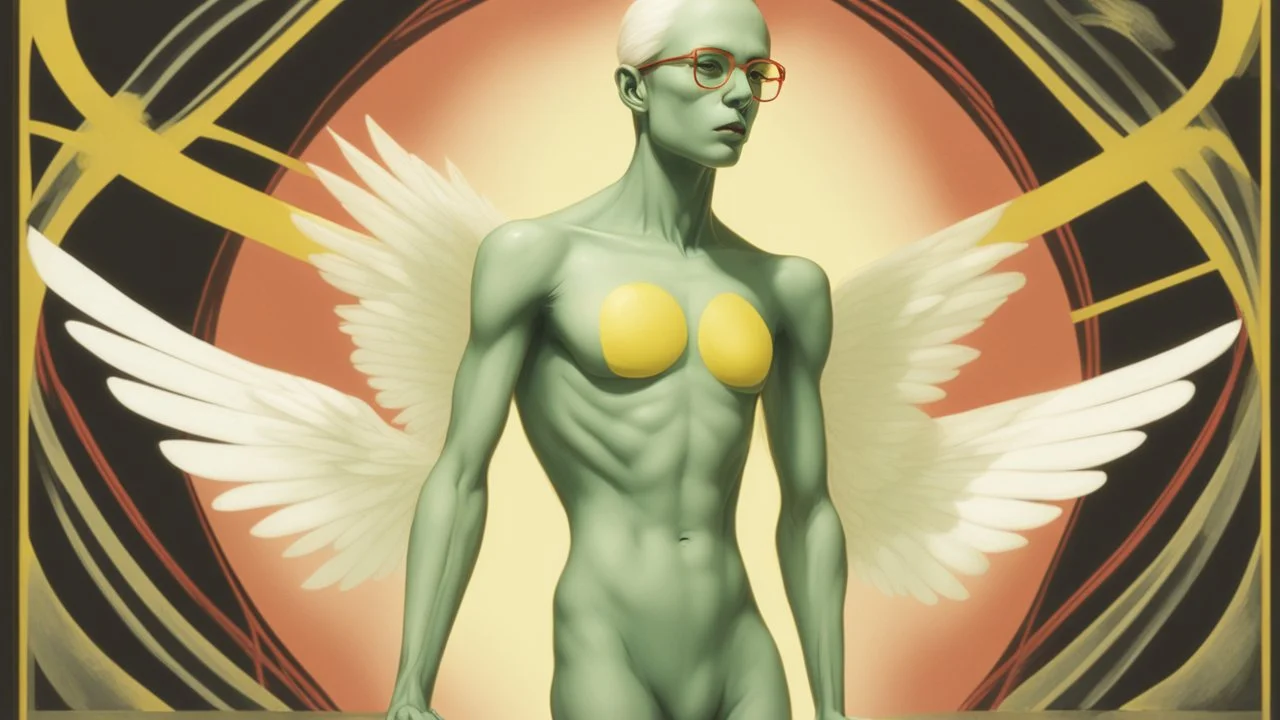 A surreal humanoid figure with white skin, green hair styled into a tall point, wearing glasses, with a transparent torso revealing internal organs, white wings on the back, holding a yellow figure in the lower torso, against a yellow background with a red curved line