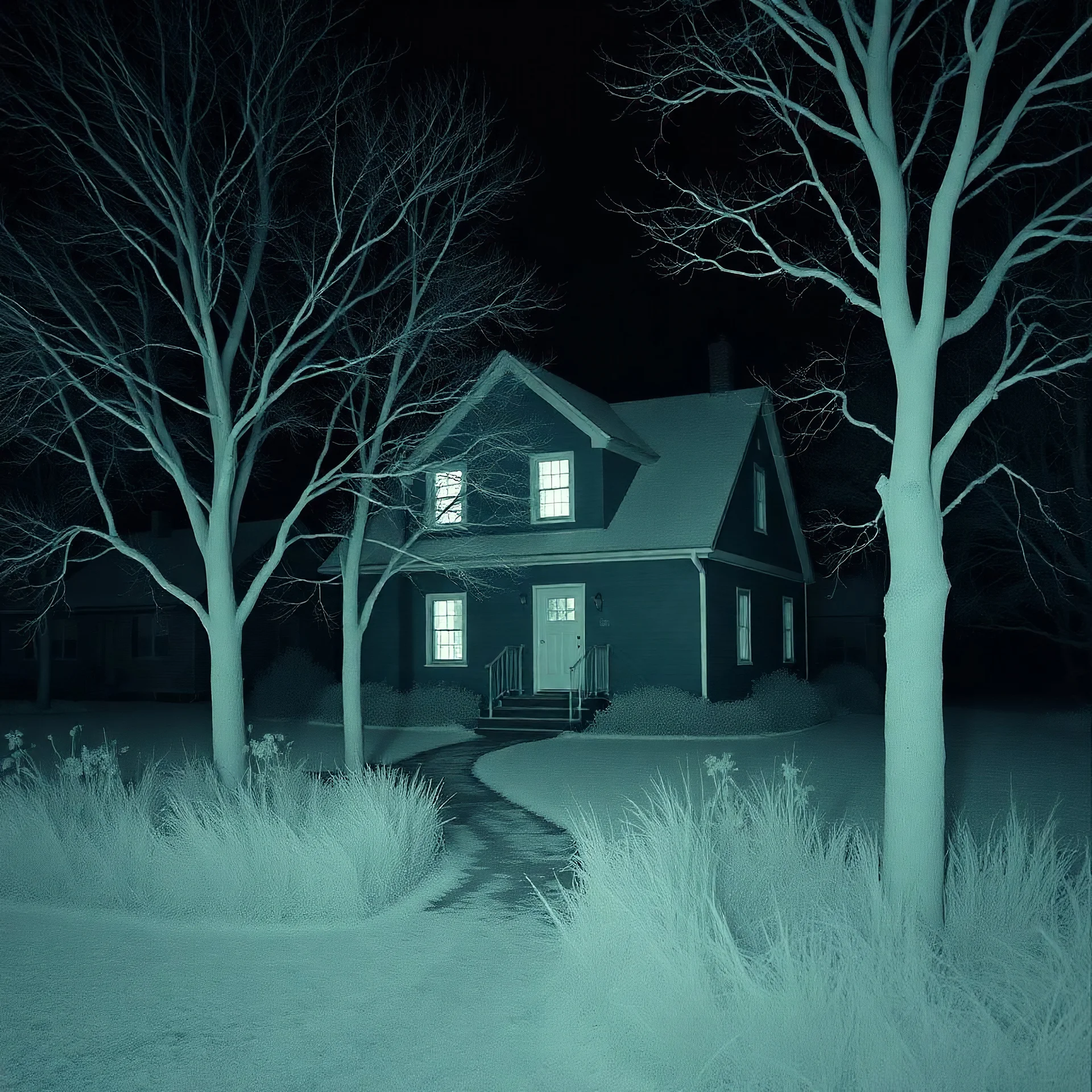 An infrared photography, night, René Magritte, house, liminal, eerie, odd mood