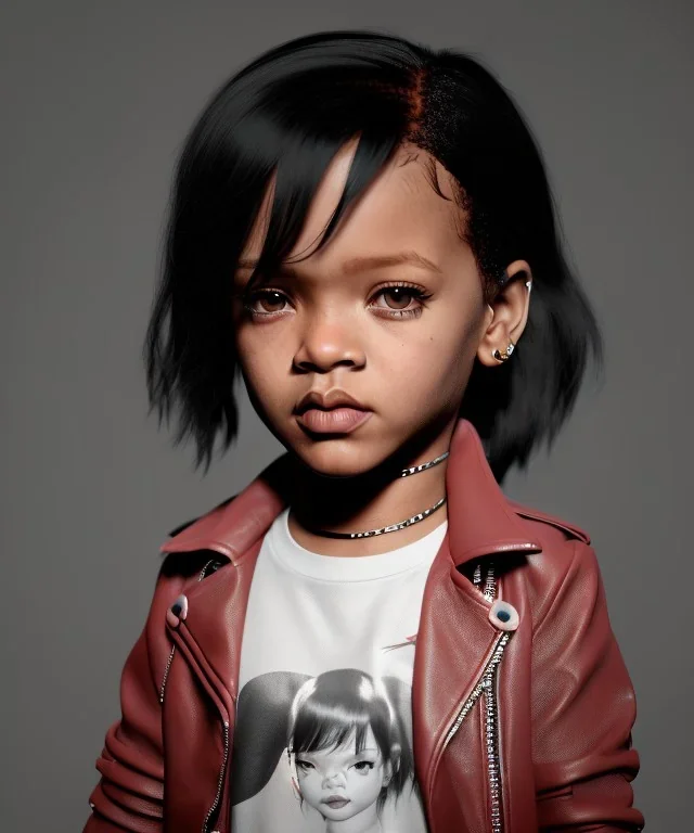 Rihanna toddler, full body, leather jacket, soft skin, dramatic lighting, hyper realistic