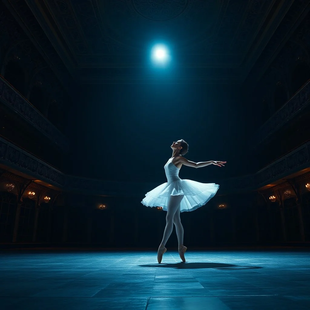 a 9 grid storyboard image for A cinematic, high-quality video of a professional female ballet dancer performing on a grand, ornate theater stage. She is wearing a pristine white classical tutu and pointe shoes. The lighting is dramatic and moody, featuring a single strong spotlight from above that illuminates her against a dark, blue-tinted background of opulent theater balconies. The camera is static, at eye-level, capturing a medium-wide shot. The sequence begins with her in a graceful first p