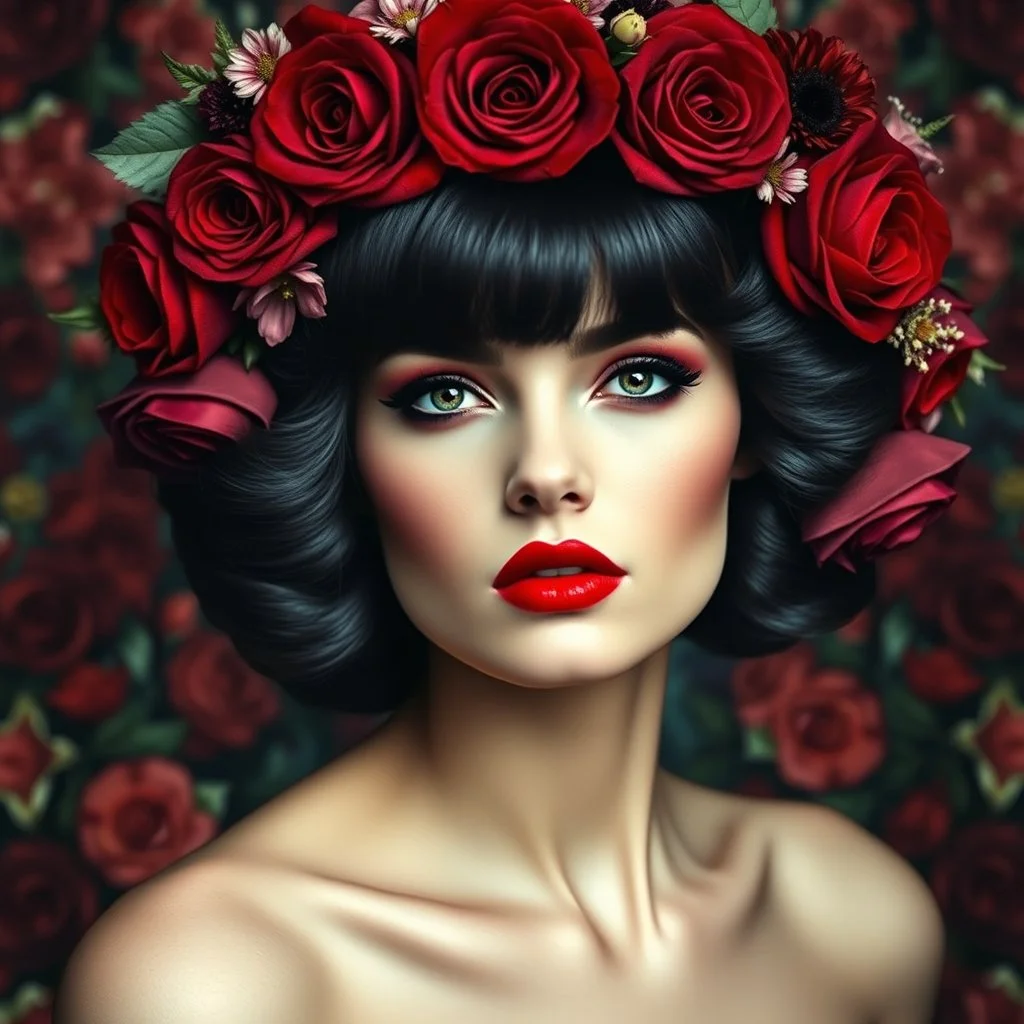 The focal point is a woman's face, adorned with dramatic makeup, particularly her vivid red lips. Her gaze is intense and captivating. The woman's hair is styled into an elaborate floral crown featuring deep red roses and other flowers, creating a halo-like effect around her head. This crown melds with her dark hair, which frames her face elegantly. What's particularly striking is the surreal, layered quality of the image. The woman's body seems to merge with or emerge from a background rich wit