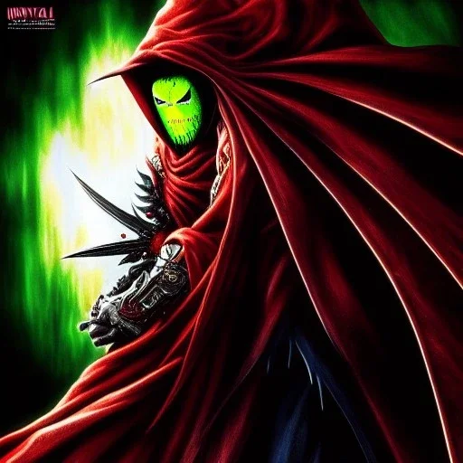 ultra detailed fullbody portrait of SPAWN , extremely detailed digital painting, intrincate, extremely detailed face,crystal clear Big eyes, in the style of Ashley Wood, mystical colors , perfectly centered image, perfect composition, rim light, beautiful lighting,8k, stunning scene, raytracing