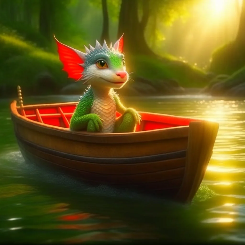 cute blessed chat elf dragon speeding in a fishlike boat in the river,catching a big fish in a river stream, 8k, downlight, soft light, depth of field, photorealism, trending on art station, lotsa detail