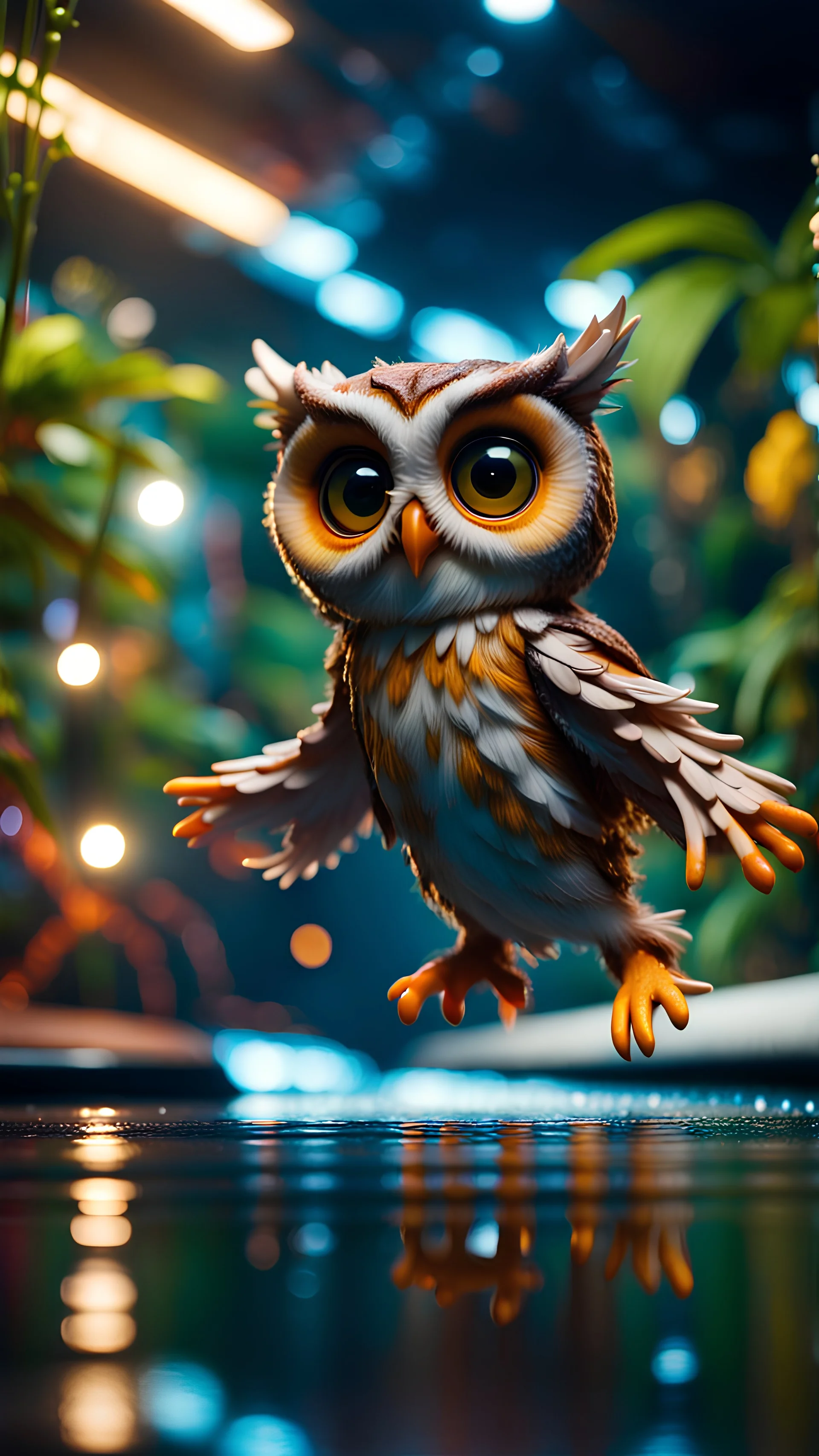 owl gremlin in water slide in the middle of crazy dance moves dancing on buss parked in dark lit reflective wet jungle hall tunnel,bokeh like f/0.8, tilt-shift lens 8k, high detail, smooth render, down-light, unreal engine, prize winning