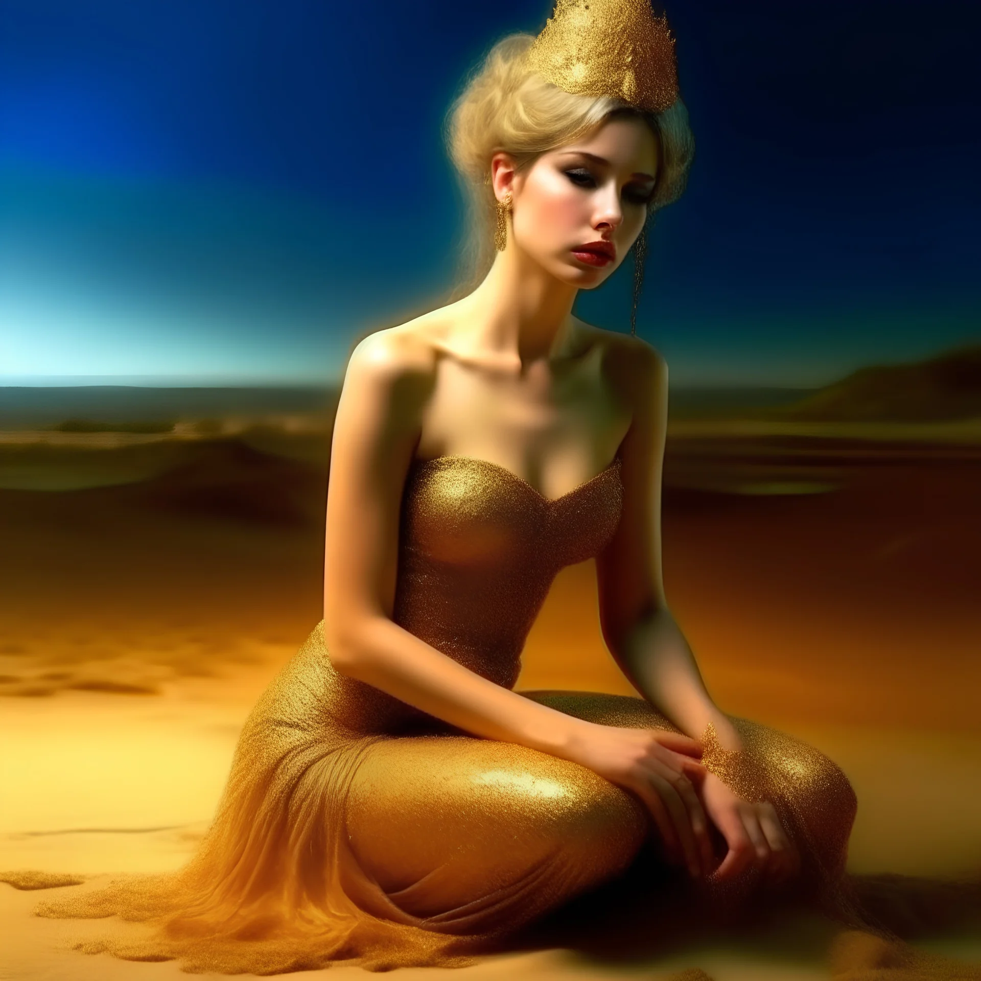 (Masterpiece1:5) By(Jan Saudek:Natalie Shau:1.5) (highest quality) (ultradetailed:1.5),bright Foreground with (gold sparkles floating Intricately through the painting:1.5),attractive and content woman 😁, she sits on the beach with snoot lighting is the defining light source,gold dress melting into the sand 😅),dreamlike, (surreal:0.5) beach with soft sand, High contrasts, vibrant colors, flawless Composition,Soft Lighting Create Depth Of Field. accentuates the beauty of the piece,provocative ar