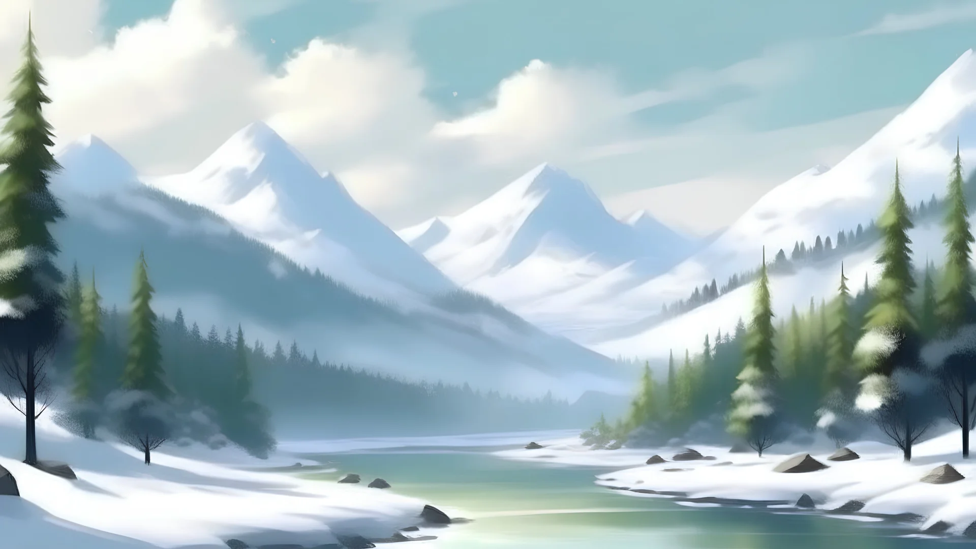Mountainscape with snow, trees, river, clouds, hi def 4k in the style of Anil Nene