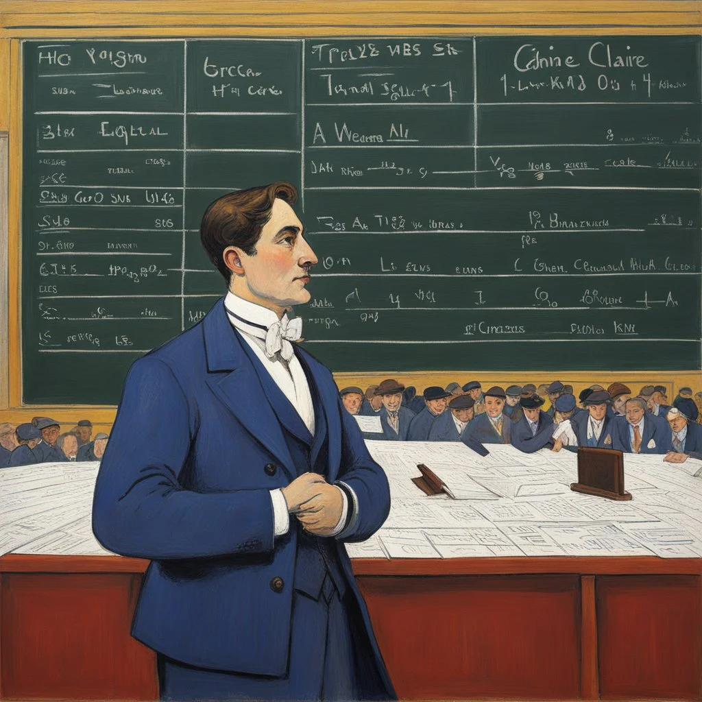 a naive painting of the stock exchange trader in front of the blackboard displaying prices: he underlines the fixing with chalk, thick lines, large areas of flat color, la ligne claire by Kupka