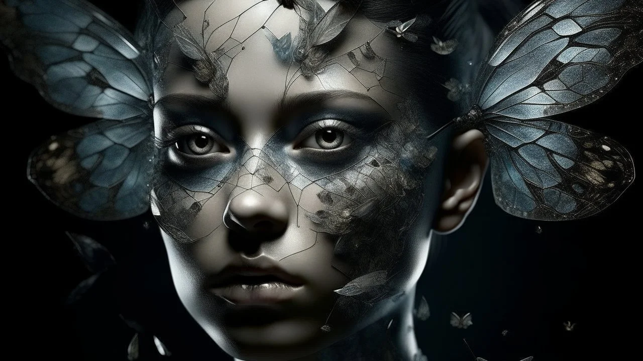 Create a surrealistic hybrid portrait made entirely of intricate glass shards, merging human features with elements of a moth. Integrate the distinctive wings, antennae, and compound eyes of a moth into the human face, blending seamlessly with the human skin and hair. Use dramatic, low-key lighting to create a mysterious and otherworldly atmosphere, reminiscent of moonlight filtering through fog. Capture a medium shot to show both the face and the upper body, emphasizing the delicate details of