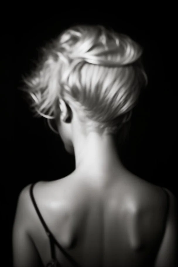 Mujer rubia de espaldas, retrato huge primer plano., iluminada potentemente desde atrás, Imagen en blanco y negro vaporoso, al estilo de la foto del fotógrafo Hugo Alonso.