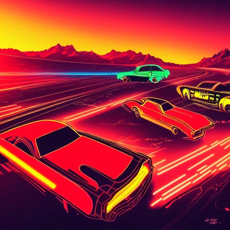 art deco, cyberpunk, two neon muscle cars, race, speed, desert road, sunset, full colour, hd,