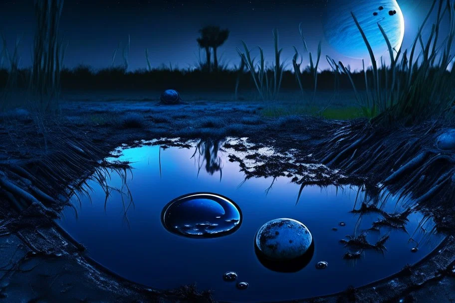 Dark blue sky with one exoplanet in the horizon, rocks, puddle, weeds, sci-fi movies influence, epic