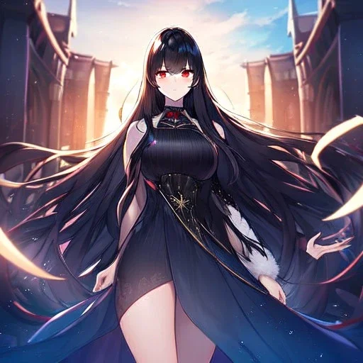 Clear focus, high resolution, black long fluffy hair, red eyes, wearing a detailed outfit